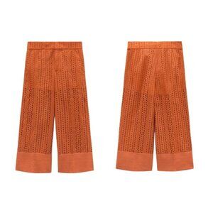 NEW ZARA TOPSTITCHED EMBROIDERED PANTS BURNT ORANGE | 3036/913